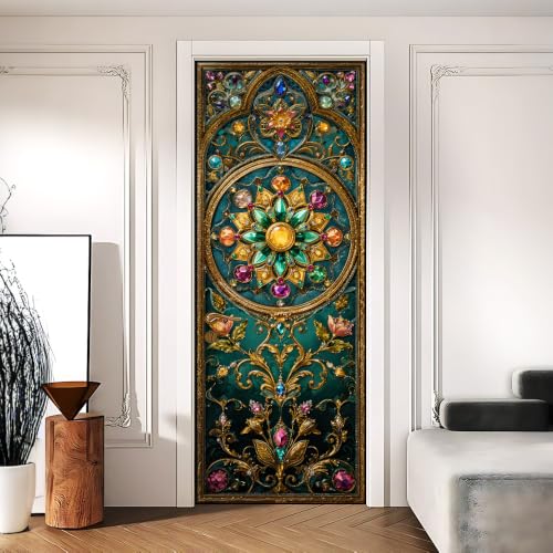 Image of Baroque Door Mural, Teal Gold Jeweled Door Cover, 30.3x78.7in
