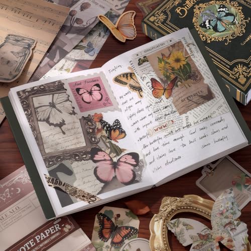 SAVOSWEET Scrapbook Zubehör Set, Schmetterlinge Scrapbooking Kit für Anfänger, DIY Scrapbook Set mit A6 Notizbuch, Washi Tape, Stickers, Dekoratives Papier, Notizblock, Karten, Accessories