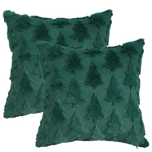Tosleo 2 Stück Weihnachten Kissenbezüge 40 x 40cm Grün Doppelseitig Plüschfell Kunstfell Bäume und Sträucher Weihnachtsbaum Weiches Zierkissenbezüge Kissenhülle für Sofa Couch Schlafzimmer Wohnzimmer