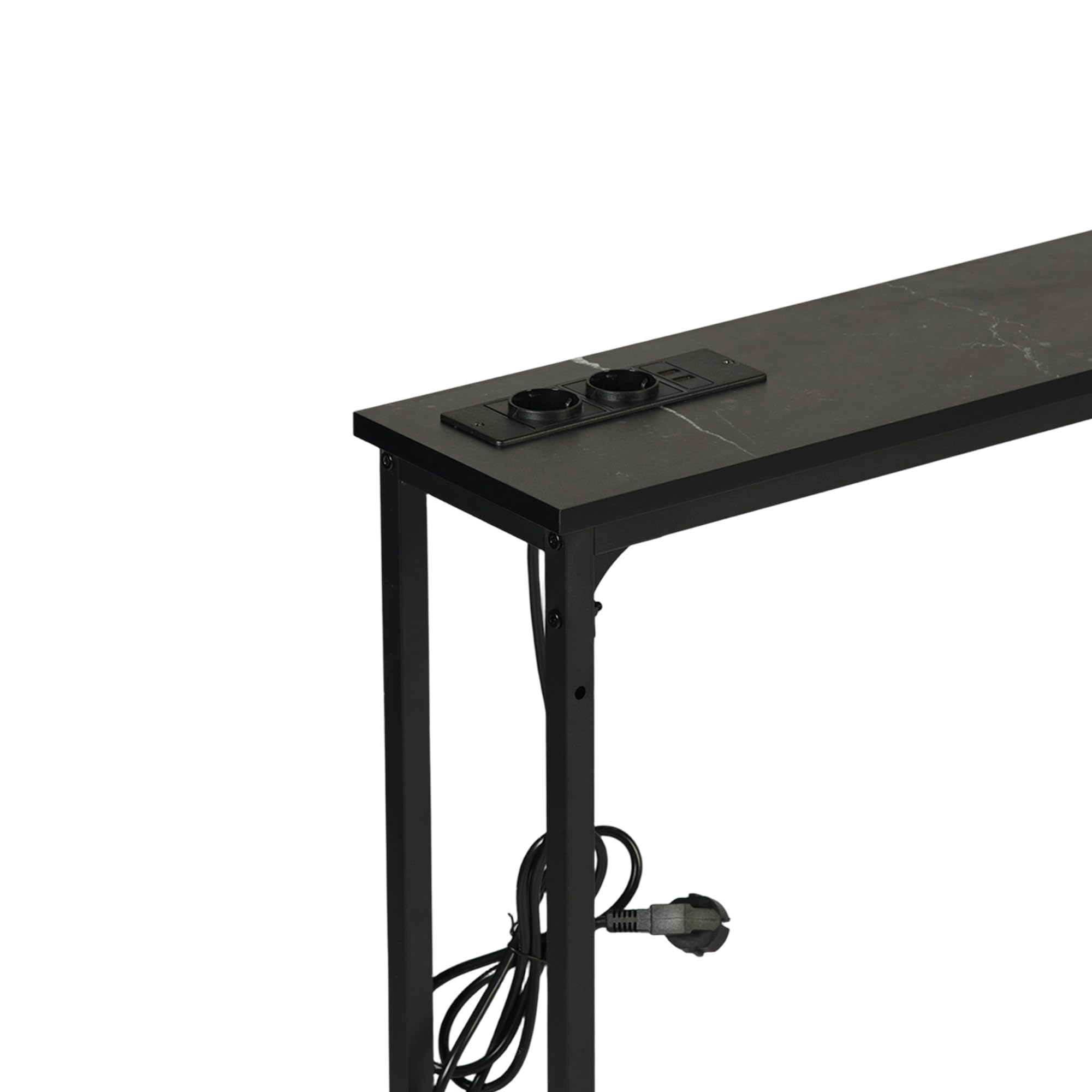 Konsolentisch mit 180 cm, 2 Steckdosen und 2 USB-Anschlüssen, Schmaler Eingangstisch im industriellen Stil, Hinter-dem-Sofa-Möbel für Wohnzimmer, Eingang, Flur, Halle, Faux-Marmor-Optik