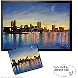 1 Mauspad 23x19 cm 1art1 New York, Brooklyn Bridge Bei Morgenröte Mit Skyline Fußmatte Türmatte (70x50 cm) + Mauspad (23x19 cm) Geschenkset
