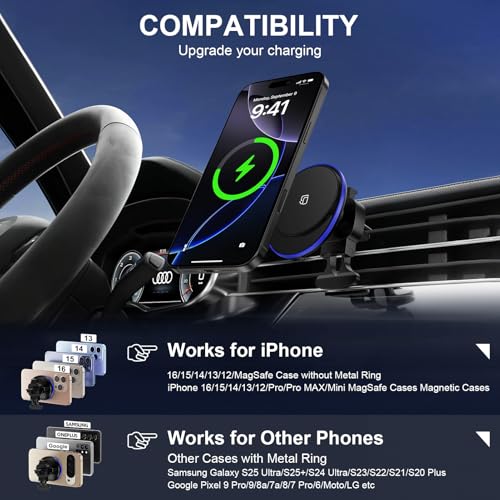 Wireless Car Mount Charger Magnetic Charger for Samsung Galaxy S25 Ultra S24 Plus S23 FE S22 S21 S20 S10/15W Fast Air Vent Auto Phone Magsafe Wireless Car Charger for iPhone 16e 16 Pro Max 15 14 13 12 - Thumbnail 5