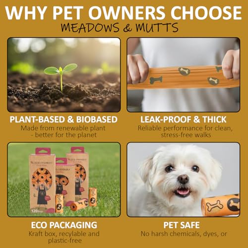 Image of MEADOWS & MUTTS Dog Poop Bags - 120 Count Compostable Biodegradable Plant Based Pet Waste Bags | Leak Proof Extra Thick | Lavender Scented Eco-Friendly Puppy Poop Bags