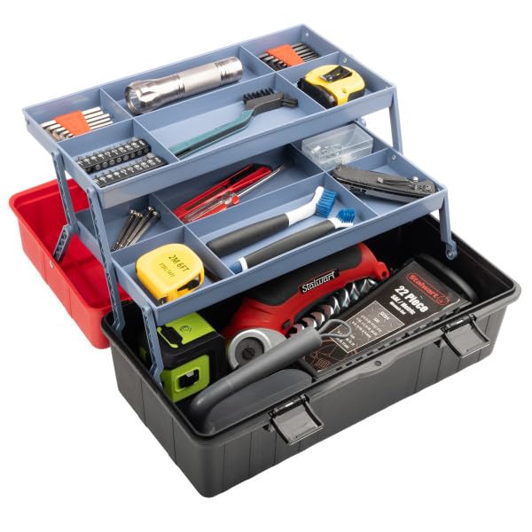 Plastic Tool Box Organizer - 15.94-Inch 3-Tier Portable Toolbox or Tackle Box Organizer with Handle for Tools, Craft Storage, Hobby Supplies or Art