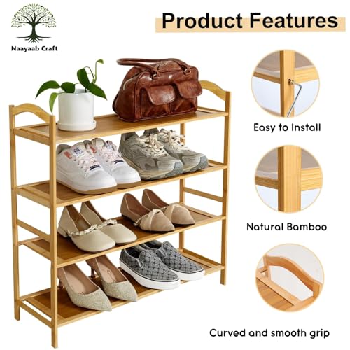 Image of Naayaab Craft Bamboo Shoe Racks 4 Tier Shoes Storage Shelf, Multi-Functional Shoe Storage Organiser Rack, Shoe Tower Shelf for Living Room, Entryway, Hallway - (89 x 23 x 69cm) - Natural