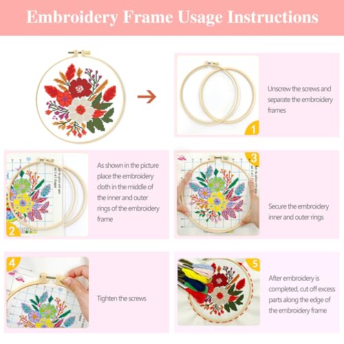 Image of Zhenqing 4 Pack Nature Stamped Cross Stitch Kit for Adults and Beginners, 11CT Printed Fabric Deer Tree Fish Flower Patterns with Hoop, Threads, Needles, Scissors, Threader, Guide