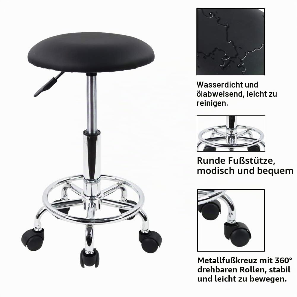 KKTONER Rollhocker Arbeitshocker mit Fußstütze PU Leder Rund Gepolstert 360° drehbar Bürohocker höhenverstellbar 49-64cm Schwarz
