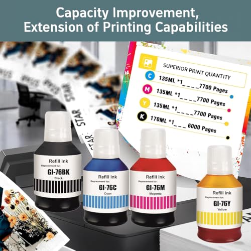 Image of KOSH GI-76 Ink Suitable Bulk Bottle Water Based Refill Ink for Canon MAXIFY GX5070,GX6070,GX7070 Printers 135ml Each Bottle (4, Black Cyan Magenta Yellow)