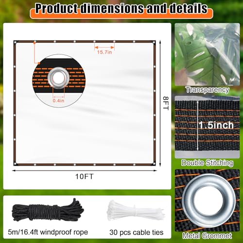 ZYP 8x10 FT Heavy Duty Clear Waterproof Tarps Outdoor Garden Rainproof Covering,Clear Vinyl Tarp with Grommets,Transparent Waterproof Tarpaulin for Covering Henhouse Porch Canopy Plant Camping