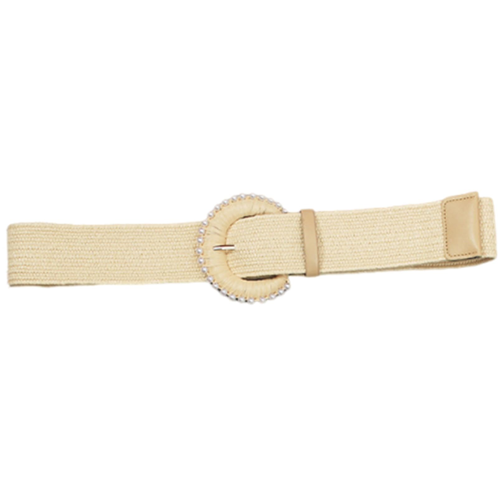 AGUTALITHIC Women Straw Woven Stretch Dress Belt, 4.8cm Wide Boho Braided Raffia Elastic Waist Strap with Pearl Prong Buckle(105cm/41, White-A)