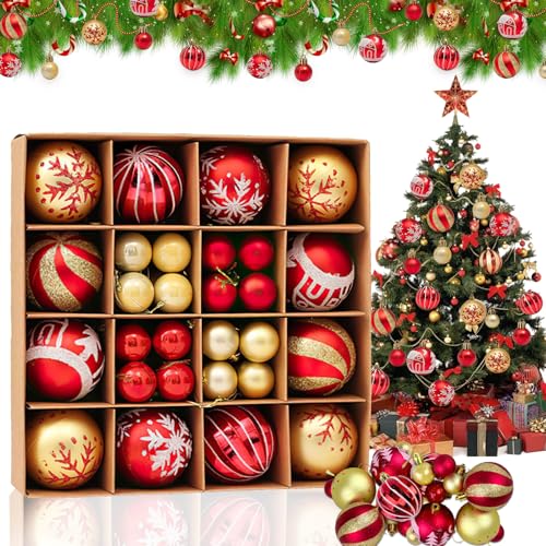 XWGKLN 44 PCS Christmas Red and Gold Baubles: Xmas Tree Decorations, Plastic Shatterproof Hanging Xmas Balls Ornaments-Festive Holiday Set