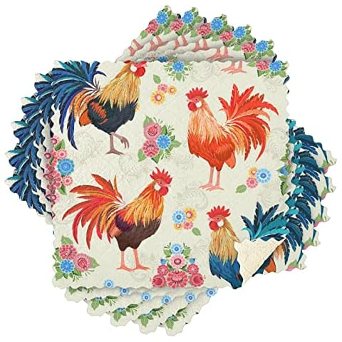 Vintage Cockerels Flowers Kitchen Dishcloths Set Washable Dish Towels Absorbent Reuseable Cleaning Cloths Dish Rags for Washing Dishes Cover
