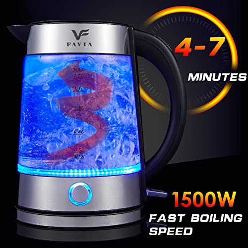 Favia Electric Kettle Water Boiler For Boiling Hot Water 1.7L With Wide Opening Auto Shut-Off & Boil-Dry Protection Tea Kettle Glass Pot Cordless Led Indicator 1500W Bpa Free #TOP5