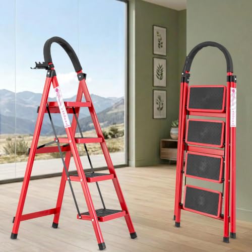 Image of Casa Copenhagen Red 4 Step Ladder for Home Use with Built-in Tool Tray | Heavy Duty D Shape Rods | Ultra Large Platform | Secure Lock and Stability | 150Kg Capacity Foldable Ladder - 7 Years Warranty