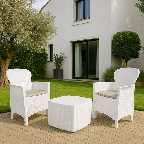 Dmora - Set salotto da esterno Napoli, Composizione da giardino con 2 poltrone ed 1 tavolino contenitore, Salottino effetto rattan, 100% Made in Italy, Bianco
