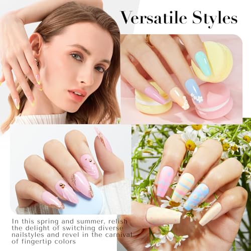 Image of AZUREBEAUTY Nail Polish Set, 4 Colors Pastel Spring Macarons Pink Blue Green Yellow Quick Dry Natural Easter Gift Fingernail Lacquer Strengthening Kit with Top Coat DIY Salon at Home