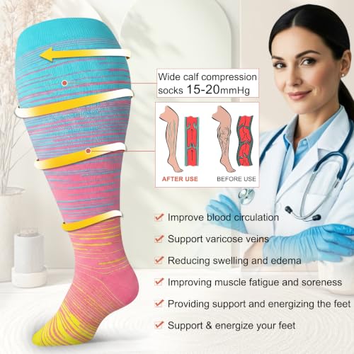 Image of Diu Life 3 Pairs Plus Size Compression Socks for Women and Men Wide Calf Extra Knee High Support for Circulation