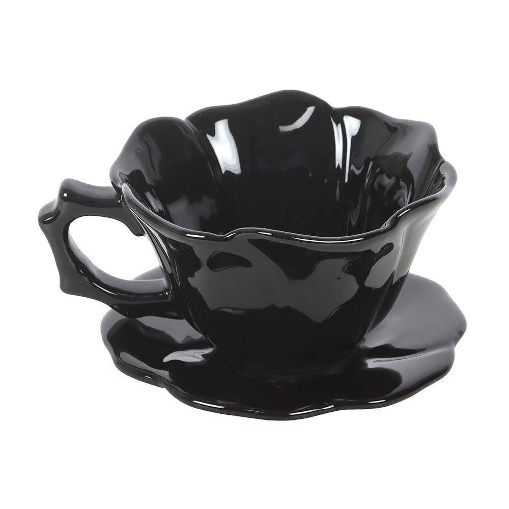 Black Rose Teacup and Saucer | Sculpted Gothic Teacup Set in Blooming Rose Design | Ceramic 250ml Cup and Plate Duo | Dark Aesthetic Homeware | Unique Gift for Tea Lovers