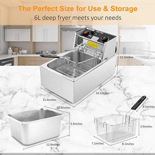 DREAMVAN Deep Fryer with Basket, 1500W 6.34QT Stainless Steel Electric Countertop Oil Fryer with Temperature Limiter for Frying Chicken, Shrimp, French Fries, Restaurant or Home Use (Silver) - Thumbnail 7