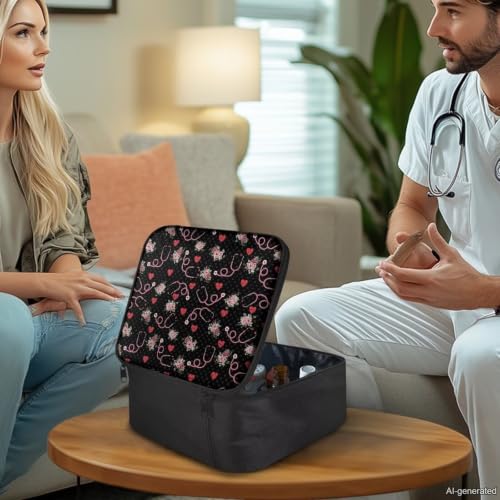 Image of Gomyblomy First Aid Bag Empty Stethoscope Flowers Small Medicine Bag Travel Medical Supplies Storage Bag with Zippers and Handle Black First Aid Pouch for Home School Dorm