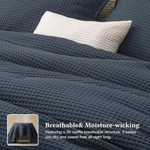 Image of David's Home Textured Summer Waffle Weave Comforter Set, King, Indigo | Cozy Soft Lightweight Breathable Fluffy Durable Hotel Bedding with Pillow Shams for All Season, Luxury Home Decor, Giftable