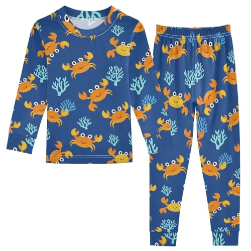 Pajama Sets Long Sleeve Crab Coral Blue Background Soft Comfy Sleepwear 2 Piece PJS 3-8T