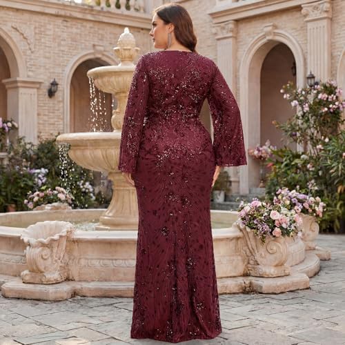 Image of Plus Size Formal Dresses for Women with Embroidery Sequin and Cape Sleeve, V-Neck Maxi Dress for Wedding and Party