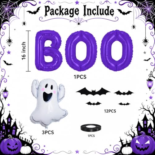 Image of Halloween Foil Balloons Purple Halloween Balloons Ghost Balloon BOO | Purple Spooky Balloon BOO Balloon Letters 3D Bat Stickers for Girl Night Cute Spooky One Birthday Baby Shower Party Decor