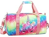 Gym Travel Duffle Bag for Girls - Gymnastics Sports Dance Bag with Shoe Compartment & Wet Pocket Unicorn Kids Travel Bag Teens Weekender Sleepover Carry On Bag