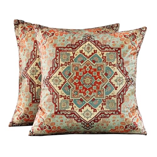QoBexim Boho Soft Velvet Throw Pillow Covers 18x18 in Vintage Persian Aztec Rug Tribal Pattern Pillowcases, Antique Ethnic Decor, Geometric Pattern Cushion Cover for Sofa, Living Room, Orange, 2 Pack