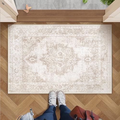 Area Rug 2x3 Vintage Rug: Small Washable Indoor Medallion Entryway Rug Low Pile Distressed Floor Carpet Retro Accent Doormat for Bedroom Bathroom Hallway Kitchen Home Office(Beige, 2'x3')
