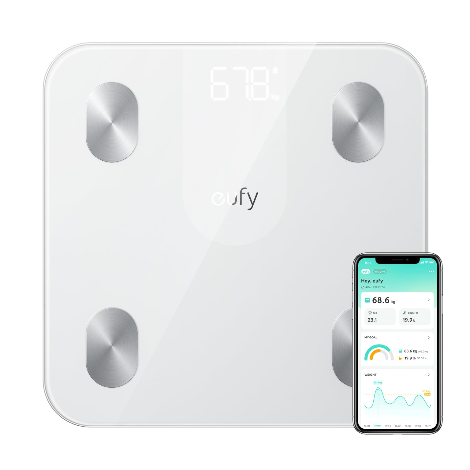 eufy Smart Scale A1 with Bluetooth, Body Fat Scale, Wireless Digital Bathroom Scale, 12 Measurements, Weight/Body Fat/BMI, Fitness Body Composition Analysis, White