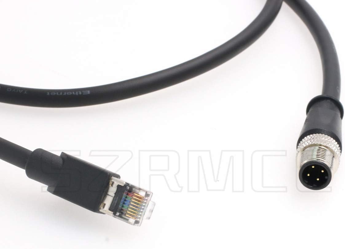 SZRMCC M12 Ethernet-Kabel, D-Code, 4-poliger Stecker auf RJ45-Stecker, High Flex Cat5e, geschirmt, wasserdicht, Netzwerkkabel für Industriekamerasensor (2 m, Schwarz)