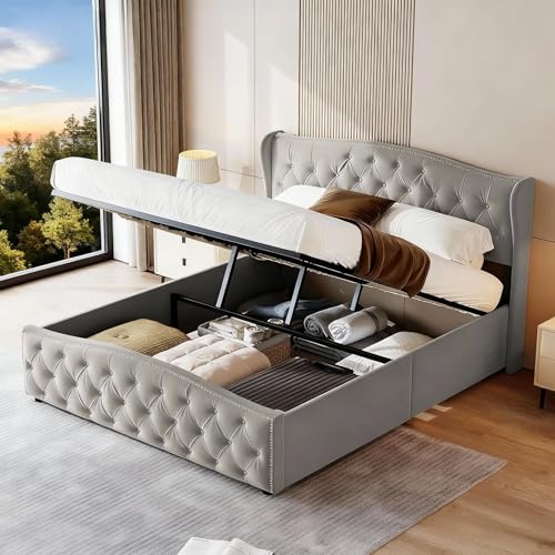 BRILVERDE Polsterbett 140x200 cm mit Stauraum, Hydraulisch Stauraumbett, Doppelbett mit kopfteil, Bettgestell mit Lattenrost, Bettrahmen für Erwachsene, Samt (Grau, 140 x 200 cm)
