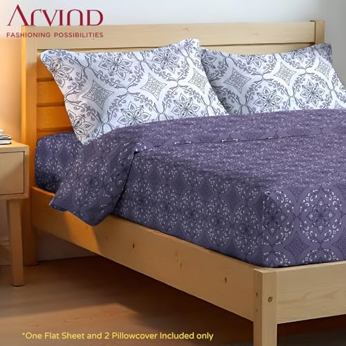 Image of Arvind Bedsheet Set - 100% Cotton Bedsheet for Double Bed (1 Queen Size Bedsheet with 2 Pillow Covers) Soft Breathable, 144 Thread Count - Slumber -Shade 12 (21022-B)