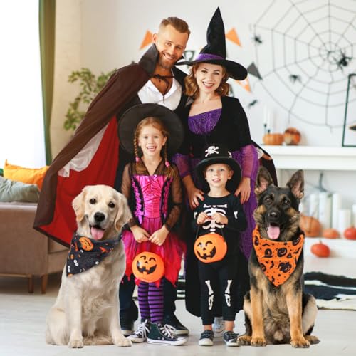 Vivifying Halloween Halstuch Hund, 2Pcs Einstellbare Dreieck Hundehalstuch mit Hexe Kürbis-Muster, Hundekostüm Halloween für kleine mittlere große Hunde