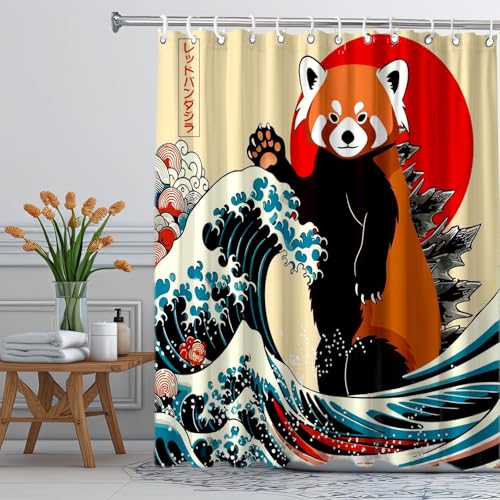 Image of Funny Cute Red Panda Shower Curtain, Japan Animal Ocean Sea Wave Fabric Shower Curtains Set, Japanese Art Shower Curtains with Hooks, Kids Bathroom Art 72x72inch