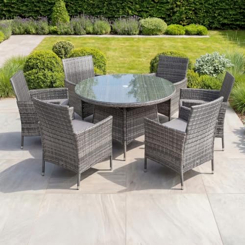 Image of CHARLES BENTLEY Garden, Outdoor, Patio, Poolside, 6 Seater, 6 Piece, Rattan Dining Table Furniture Set, With Cushions, Armchairs, Waterproof, Parasol Hole, Easy Clean, Clear Glass (130x130x74cm)