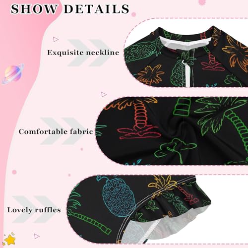 ALAZA Neon Palm Tree Pineapple Black Girls One Piece Swimsuit Long Sleeve Rash Guard Swimsuits UV 50+ Swimwear Zipper4