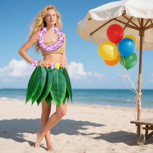 PIXHOTUL Ensemble de 5 pièces jupe hula et colliers hawaïens, jupe hula + bandeau à fleurs + 2 bracelets à fleurs + collier guirlande, costume de fête Hula Luau pour femmes, filles (Violet) – vue 5