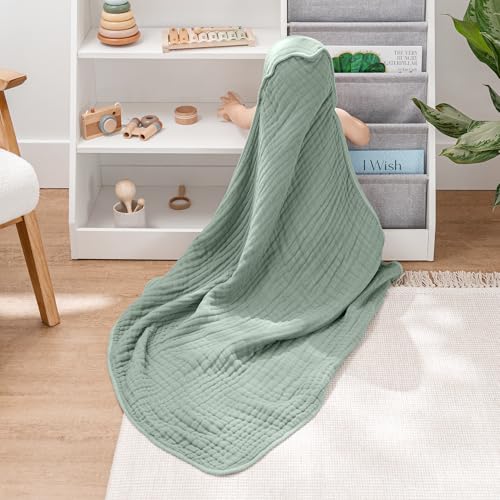 Image of Comfy Cubs Hooded Baby Towel 2-Pack, Large 32 x 32 Inch - 6 Layer 100% Muslin Cotton for Babies, Toddlers and Kids - Soft & Absorbent Baby Bath Towels - Unisex Design for Bath Time - Fern