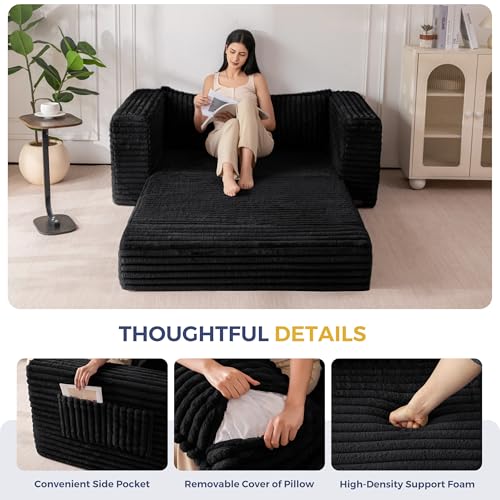 Image of MAXYOYO Convertible Sofa Bed, 2 in 1 Folding Couch Bed for Small Space, Pull Out Loveseat Sofa Couch with Large Back Pillow, Plush Faux Fabric Lounge Couch for Living Room, Apartment, Black