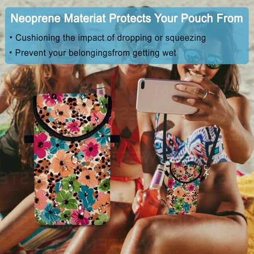 Image of Neoprene Cell Phone Sleeve Pouch Case Bag with Crossbody Strap Neck Lanyard for Women 7.5 X 4.3 in Floral Pattern