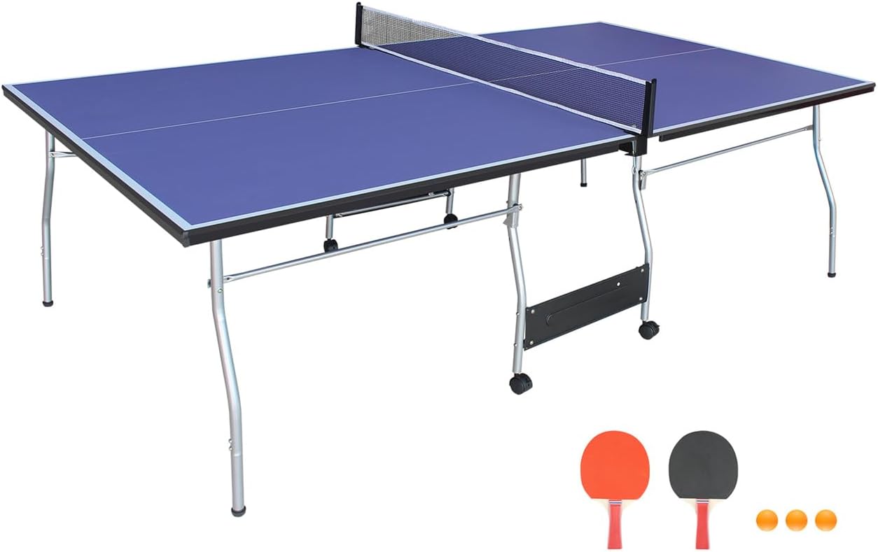 8FT Mid-Size Table Tennis Table Foldable & Portable Ping Pong Table Set for Indoor Games with Net, 2 Table Tennis Paddles and 3 Balls