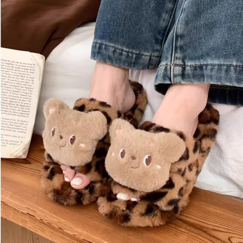 Women's Winter Slippers with Cute Plush Bear Leopard Print, Fuzzy Warm House Shoes Gifts for Her2