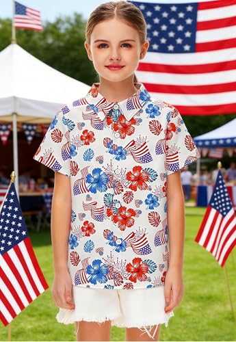 Image of 4th of July Shirts for Girls Boys American Patriotic Tshirt Kids Hawaiian Button Down Tops