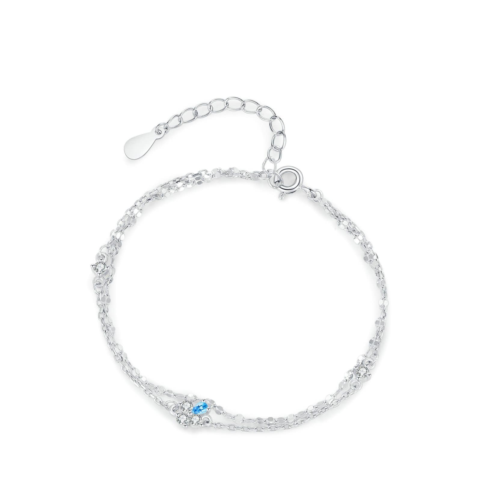 Pulseras de Mujer de Oro Blanco de 9Kilates / 14Kilates / 18Kilates, Cadena Doble Capa con Topacio y Moissanita, Cadena Extensible 16 CM + 5 CM, Pulsera de Plata Azul de Ajustable Mujer