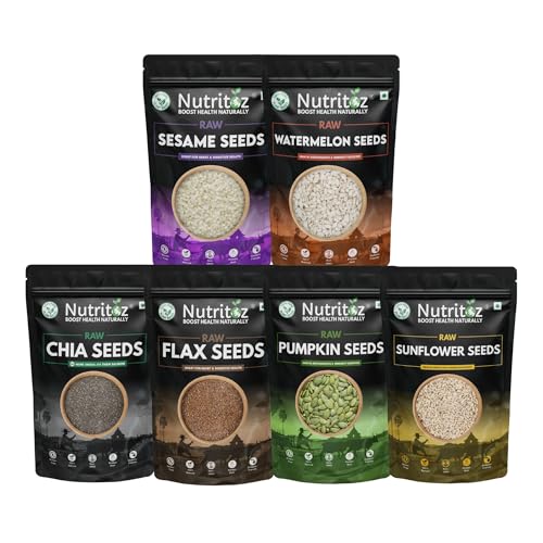 Image of Nutritoz Raw Seeds Combo Pack Of 6 (50g Each) | Weight Loss with Omega-3 Fiber Rich Chia Brown Flax Pumpkin Sunflower Watermelon Sesame (6 X 50 g)