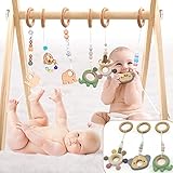 LaviElle Wooden Baby Gym Foldable 6 Hanging Wood Toys, Non Toxic Baby Toys Newborn and Infant Baby Activity Gym for 0-1.5 Years Beautiful Style Gender Neutral Wooden Baby Toys Perfect Baby Shower