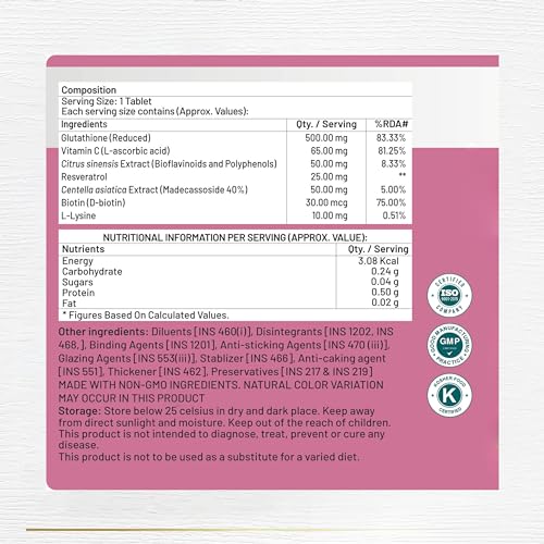 Image of Glutathione Plus Tablets with Vitamin C, Biotin & Citrus Extract | Antioxidant Supplement for Skin Health & Overall Wellness Support | 100% Plant-Based | 30 Tablets for Men & Women
